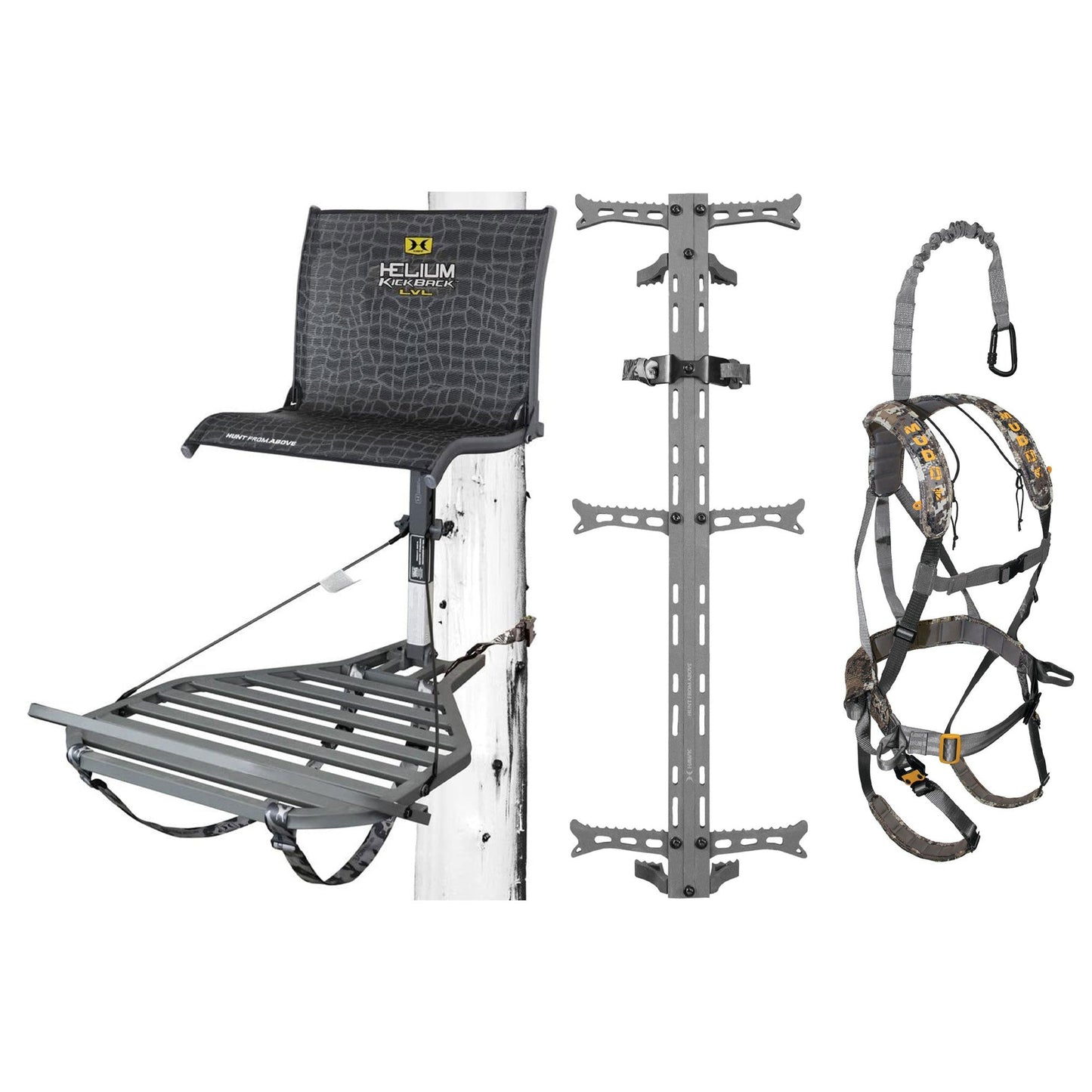 Hawk Helium Kickback Tree Stand, Set of 3 Climbing Sticks & Muddy Ambush Harness