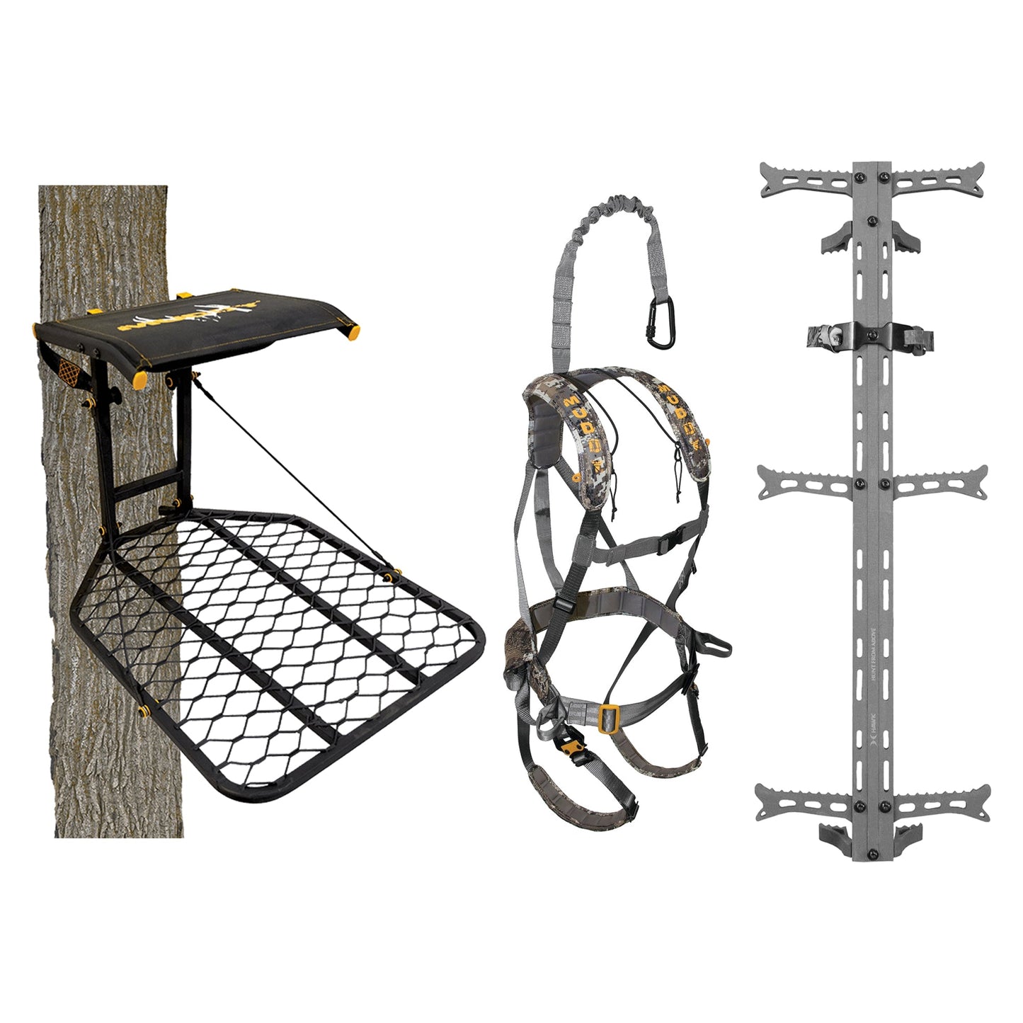 Muddy The Boss Tree Stand, Ambush Safety Harness & Hawk Set of 3 Climbing Sticks