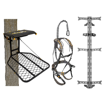 Muddy The Boss Tree Stand, Ambush Safety Harness & Hawk Set of 3 Climbing Sticks