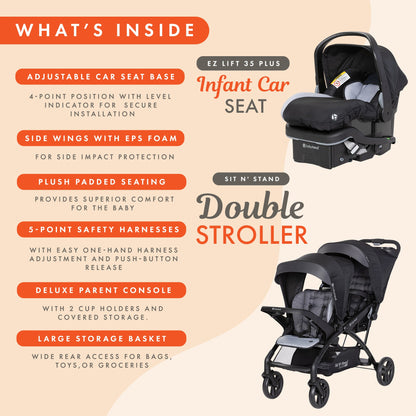 Baby Trend Sit N Stand Double Stroller with EZ-Lift Plus Infant Car Seat, Stormy