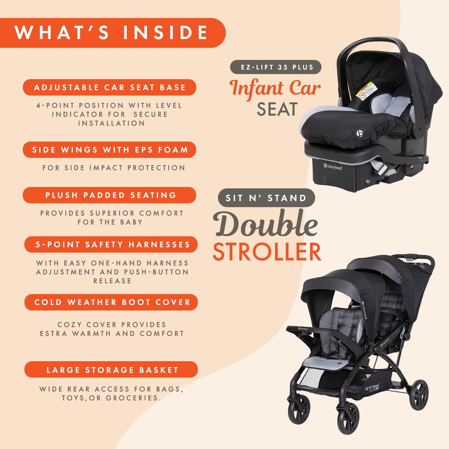 Baby Trend Sit N' Stand Double Stroller with EZ-Lift Car Seat (2 Pack), Stormy