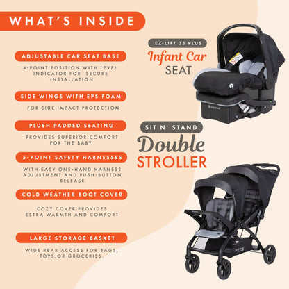 Baby Trend Sit N' Stand Double Stroller with EZ-Lift Car Seat (2 Pack), Stormy