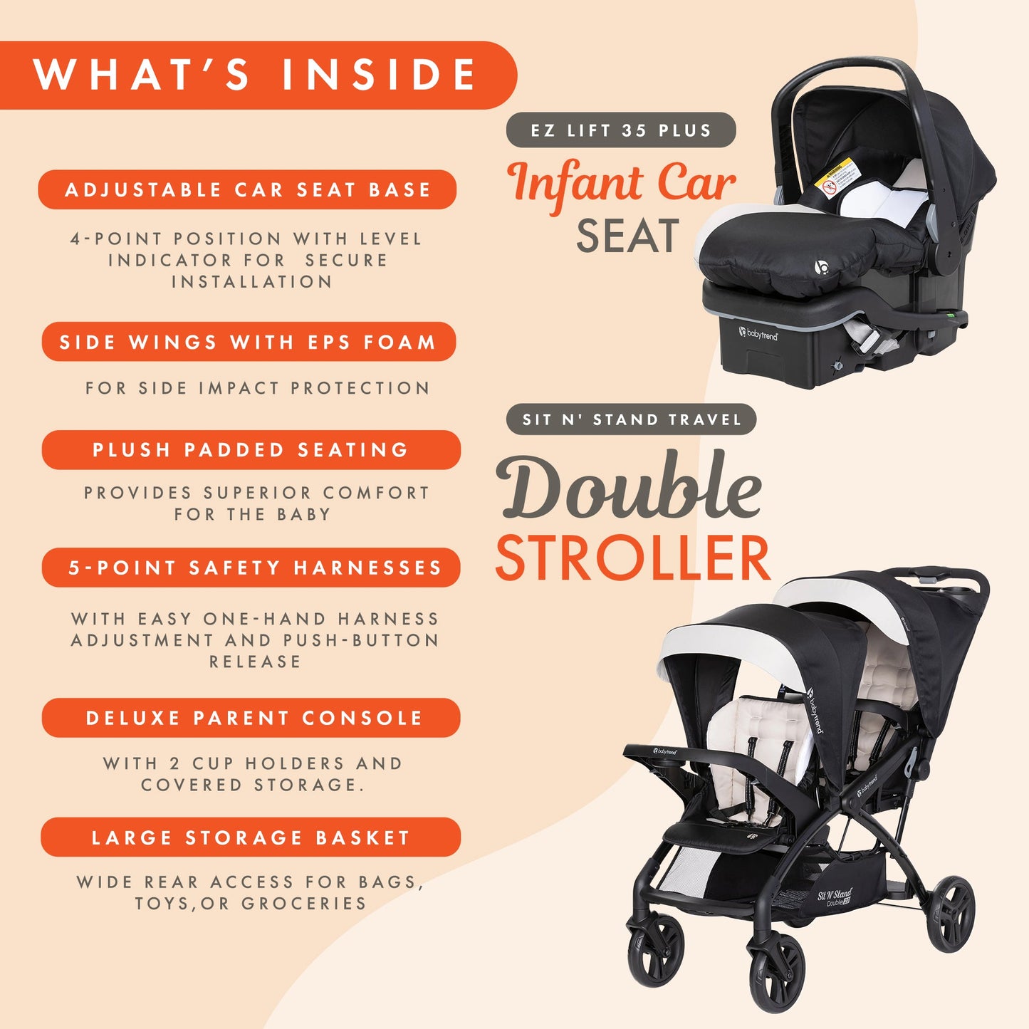 Baby Trend Sit N' Stand Double Stroller with EZ-Lift Car Seat (2 Pack), Khaki