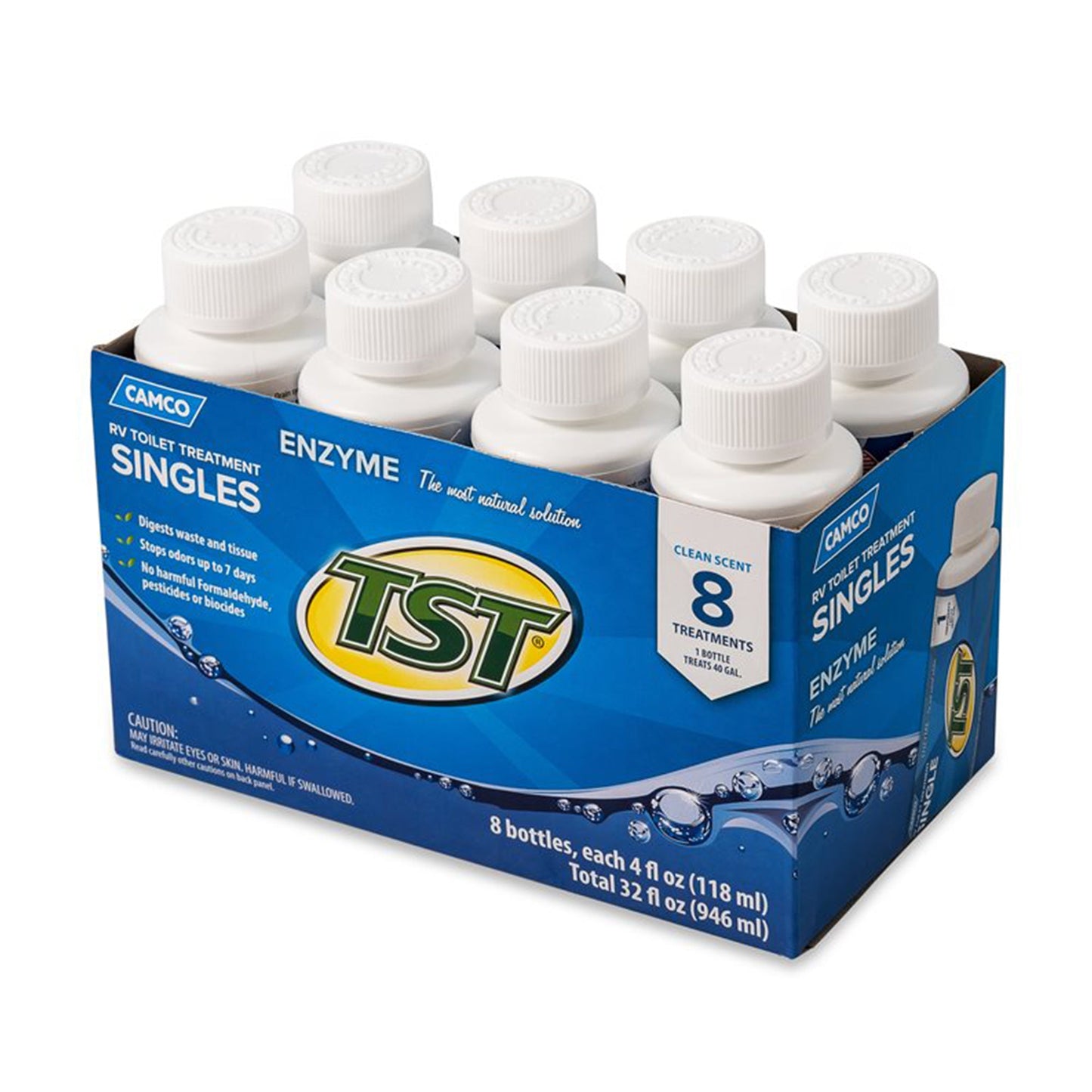 Camco TST Blue Enzyme 4 oz RV Toilet Waste Odor Treatment, Clean Scent (8 Pack)