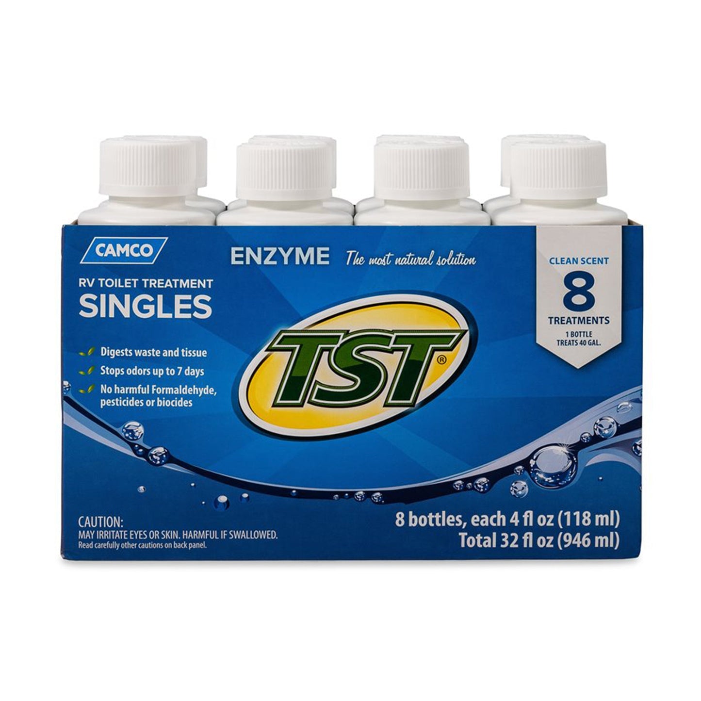 Camco TST Blue Enzyme 4 oz RV Toilet Waste Odor Treatment, Clean Scent (8 Pack)