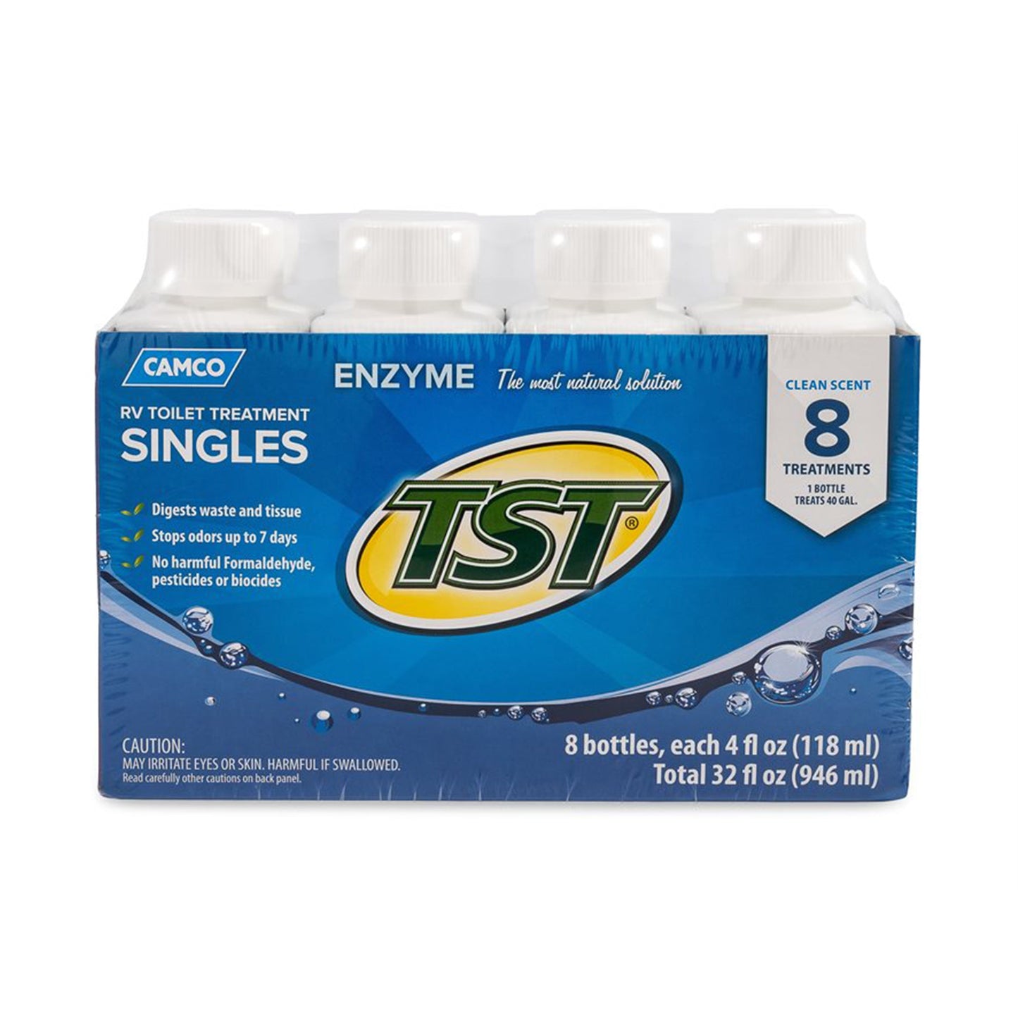 Camco TST Blue Enzyme 4 oz RV Toilet Waste Odor Treatment, Clean Scent (8 Pack)