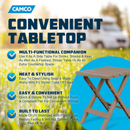 Camco Adirondack Portable Camping Plastic Folding Side Table, 2 Pack, Taupe