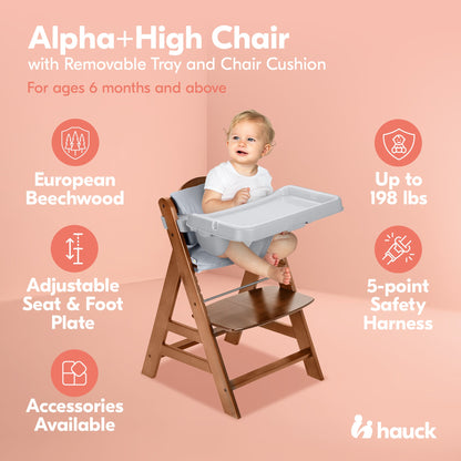 hauck Alpha+ Grow Along Walnut Wooden High Chair, Tray & Deluxe Cushion, Grey