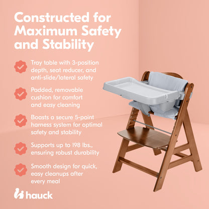 hauck Alpha+ Grow Along Walnut Wooden High Chair, Tray & Deluxe Cushion, Grey