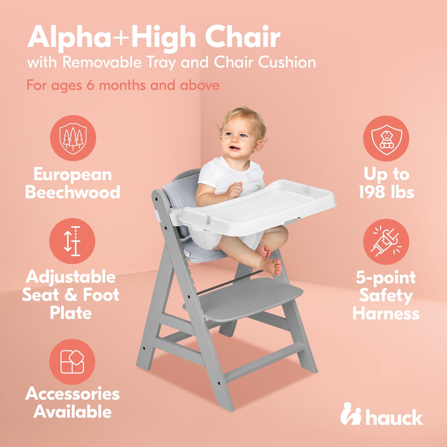 hauck Alpha+ Grow Along Wooden High Chair w/Alpha Tray Table & Deluxe Cushion