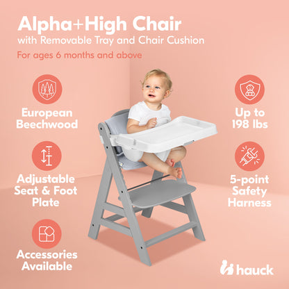 hauck Alpha+ Grow Along Wooden High Chair w/Alpha Tray Table & Deluxe Cushion