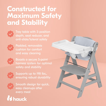 hauck Alpha+ Grow Along Wooden High Chair w/Alpha Tray Table & Deluxe Cushion
