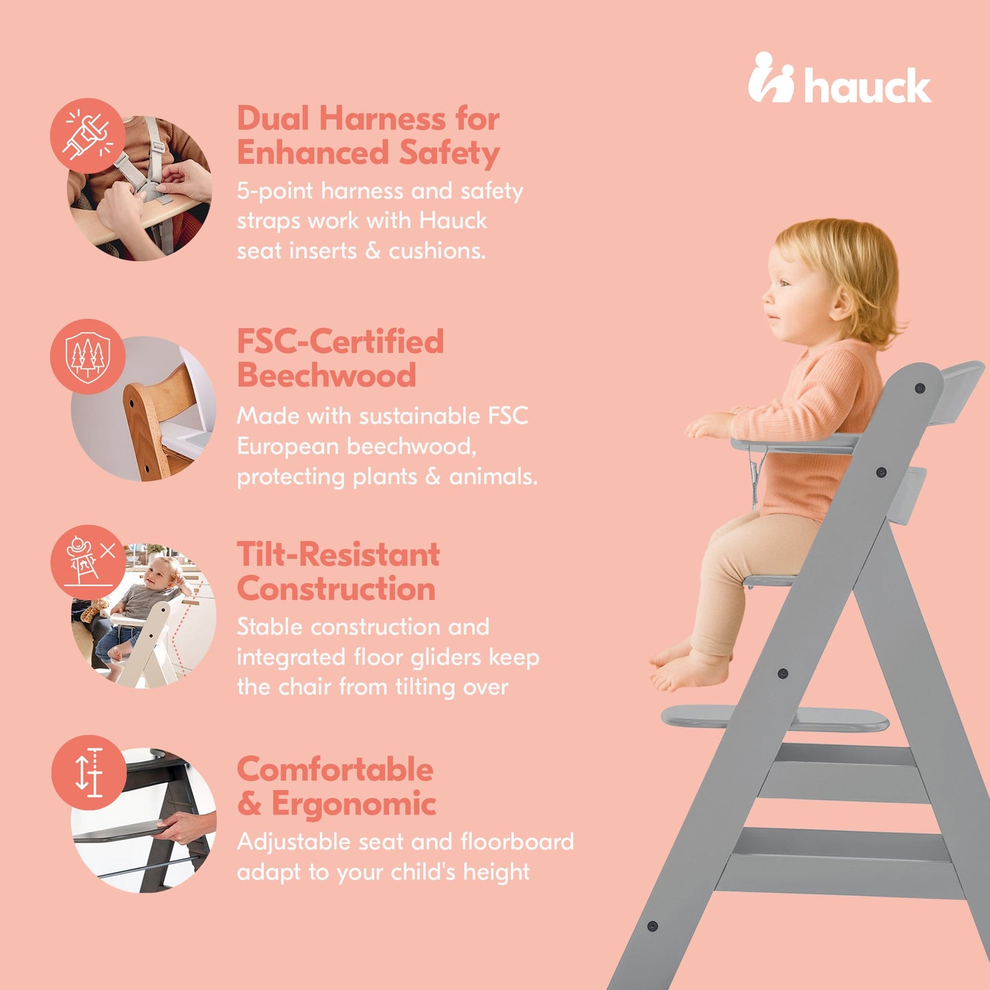 hauck Alpha+ Grow Along Wooden High Chair w/Alpha Tray Table & Deluxe Cushion