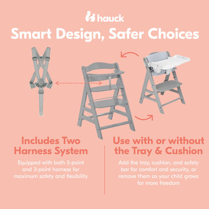 hauck Alpha+ Grow Along Wooden High Chair w/Alpha Tray Table & Deluxe Cushion