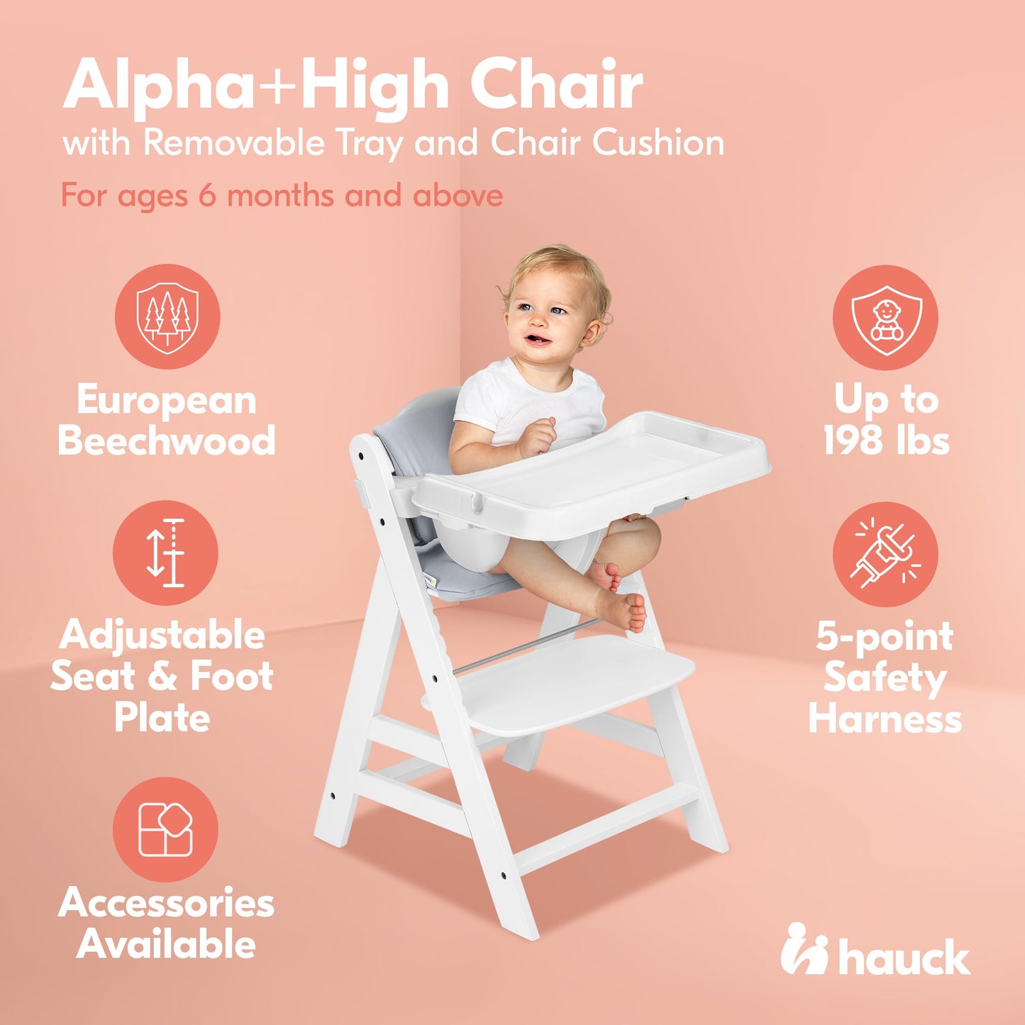 hauck AlphaPlus Grow Along White Wooden High Chair, Tray Table, & Grey Cushion