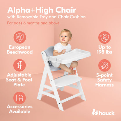 hauck AlphaPlus Grow Along White Wooden High Chair, Tray Table, & Grey Cushion