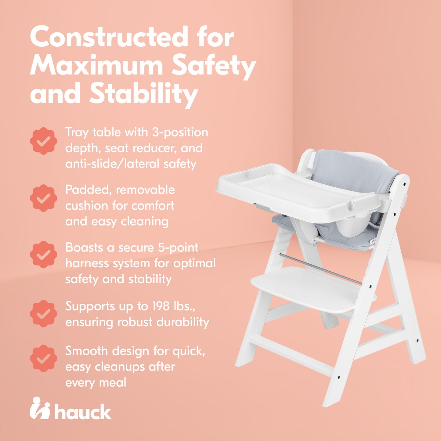 hauck AlphaPlus Grow Along White Wooden High Chair, Tray Table, & Grey Cushion