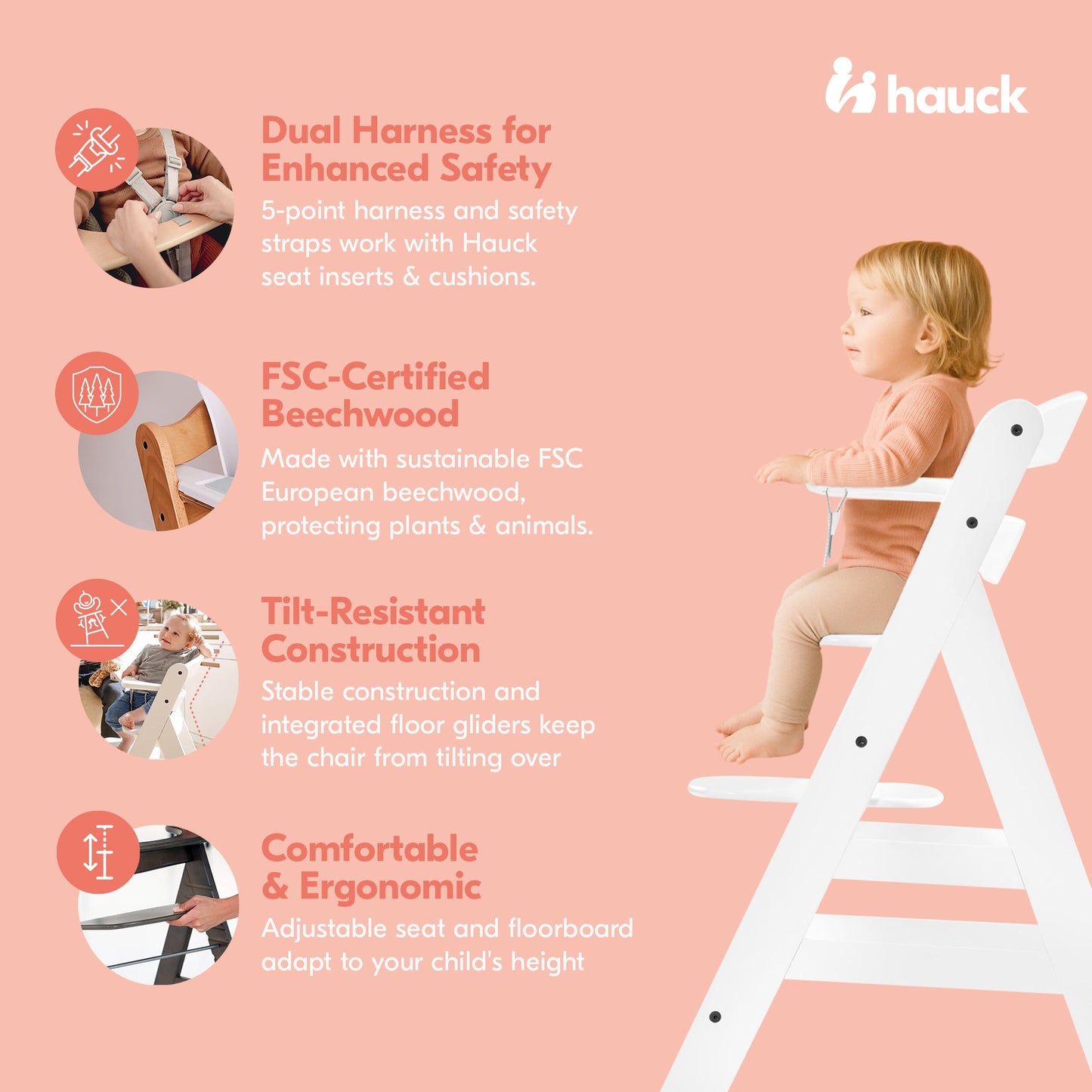 hauck AlphaPlus Grow Along White Wooden High Chair, Tray Table, & Grey Cushion