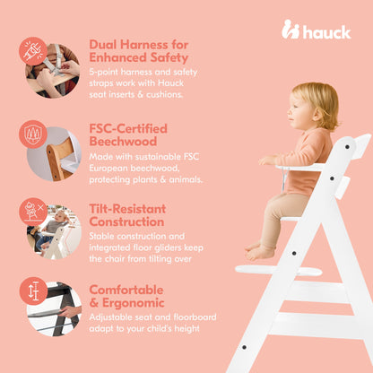 hauck AlphaPlus Grow Along White Wooden High Chair, Tray Table, & Grey Cushion