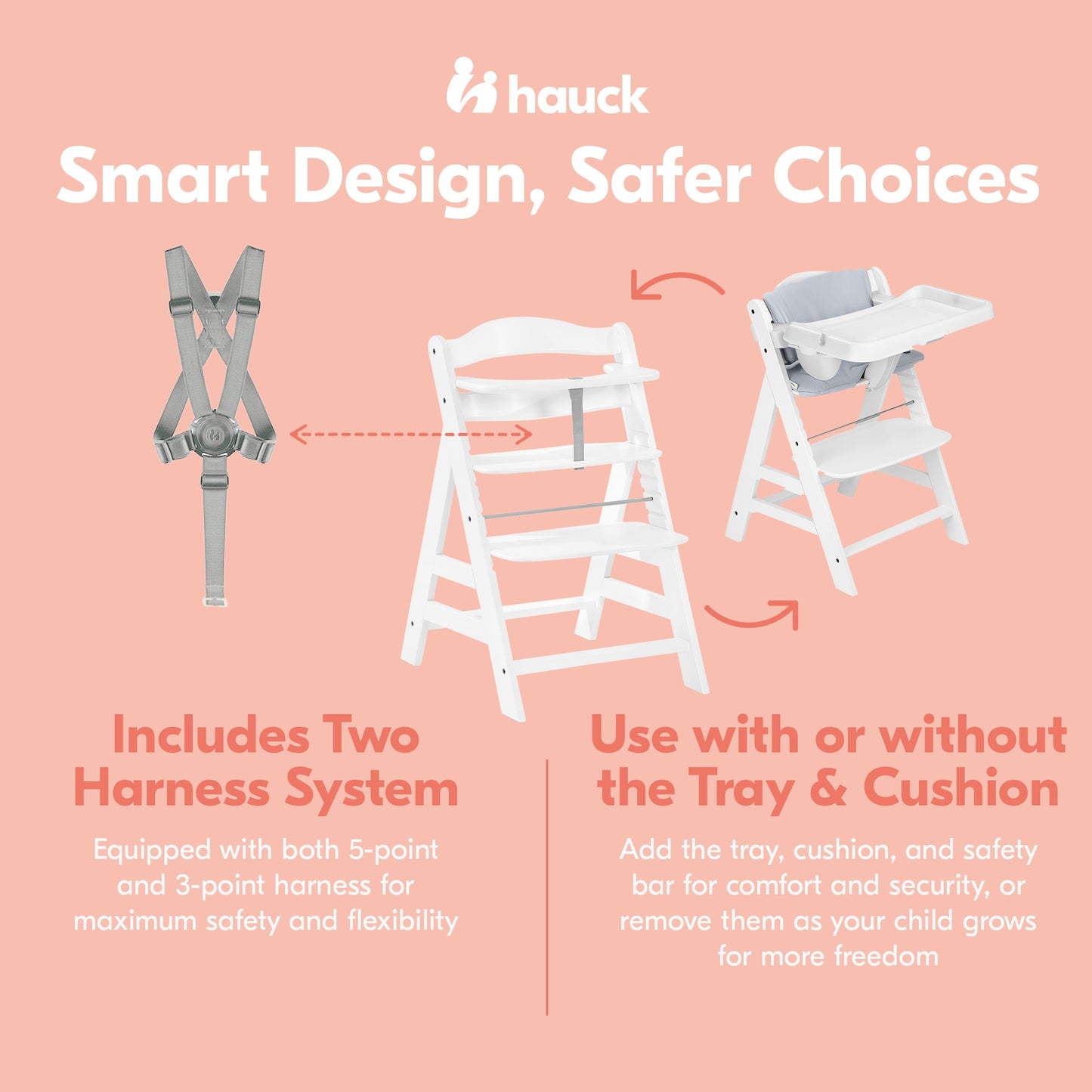 hauck AlphaPlus Grow Along White Wooden High Chair, Tray Table, & Grey Cushion