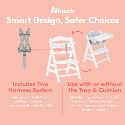 hauck AlphaPlus Grow Along White Wooden High Chair, Tray Table, & Grey Cushion