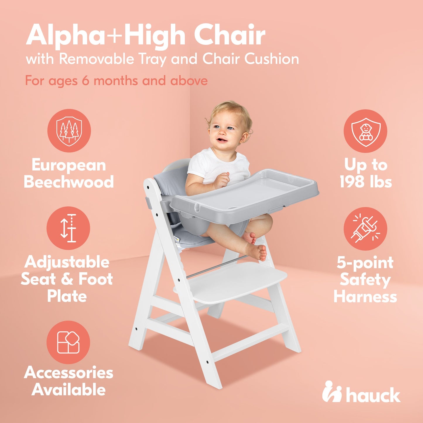 hauck Alpha+ Grow Along White Wooden High Chair, Grey Tray Table, & Cushion