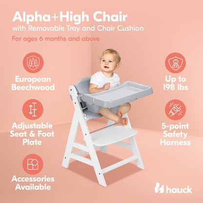 hauck Alpha+ Grow Along White Wooden High Chair, Grey Tray Table, & Cushion