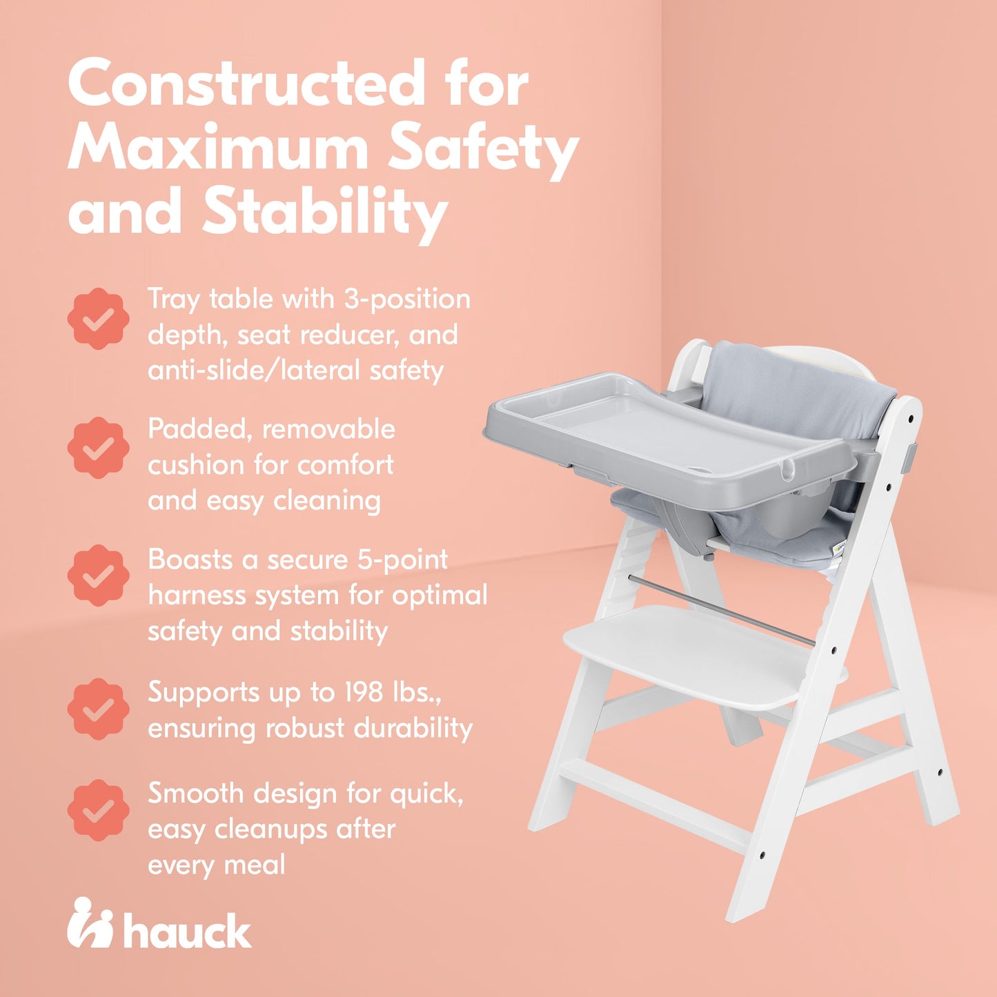 hauck Alpha+ Grow Along White Wooden High Chair, Grey Tray Table, & Cushion