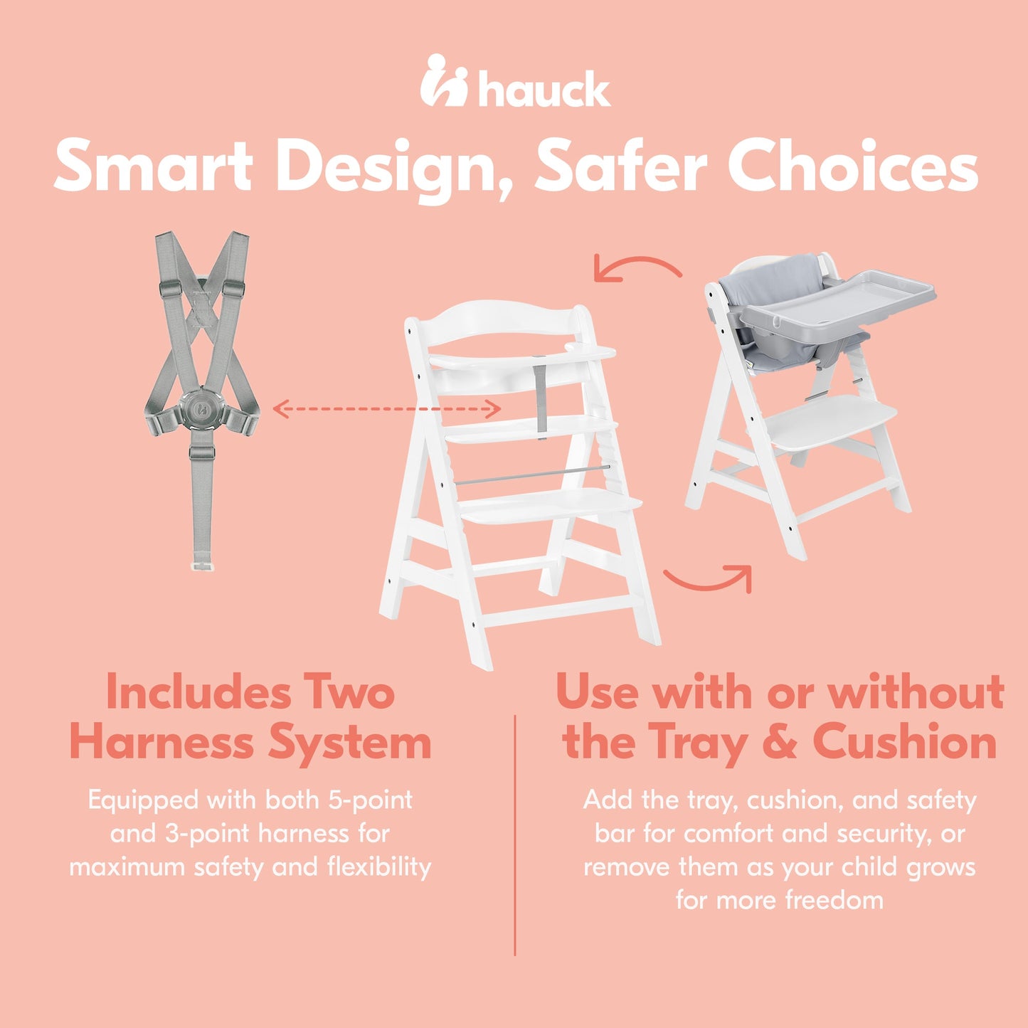 hauck Alpha+ Grow Along White Wooden High Chair, Grey Tray Table, & Cushion