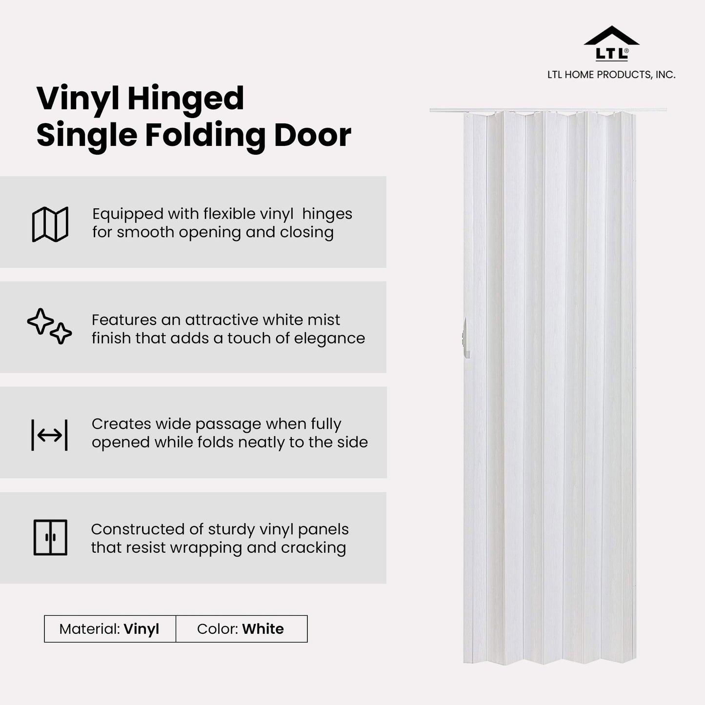 LTL Home Products Via 36" x 80" Vinyl Hinged Single Folding Door, White Mist