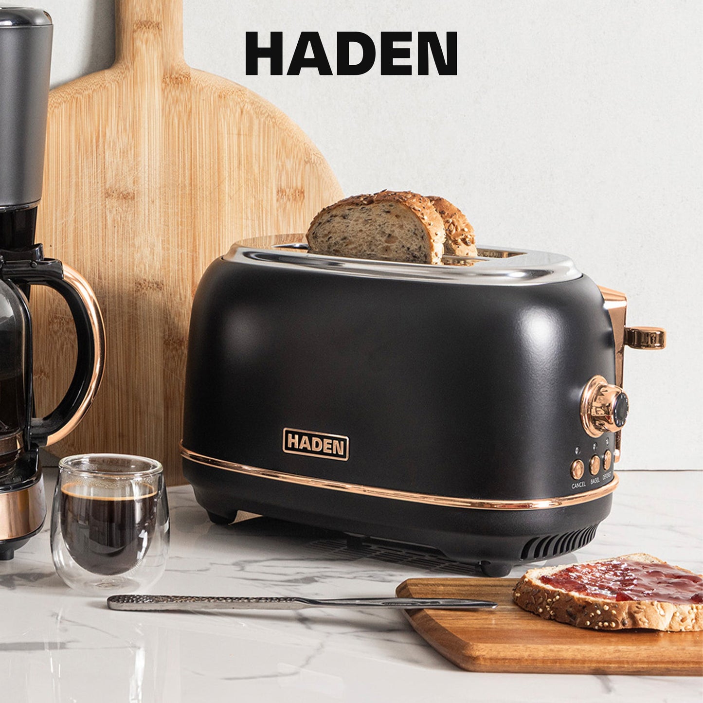 Haden Heritage 2 Slice Wide Slot Stainless Steel Toaster, Black & Copper