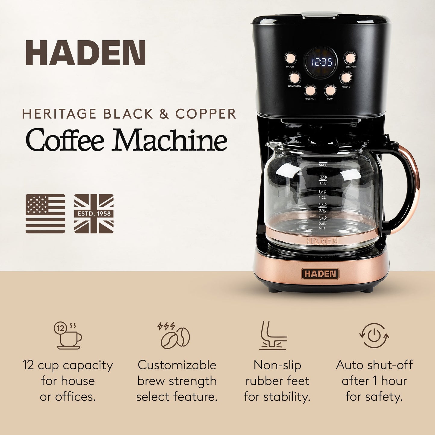 Haden Coffee Machine, 12 Cup Programmable Drip Coffee Maker, Black & Copper