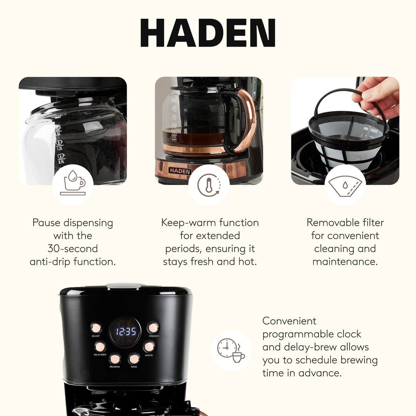 Haden Coffee Machine, 12 Cup Programmable Drip Coffee Maker, Black & Copper