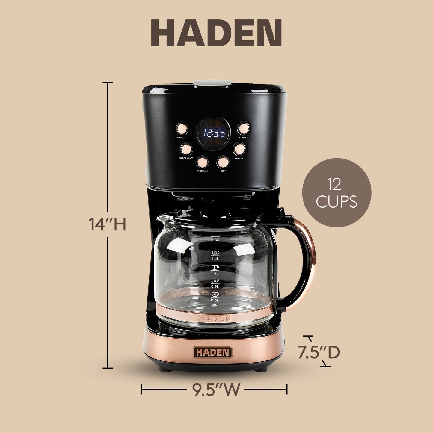 Haden Coffee Machine, 12 Cup Programmable Drip Coffee Maker, Black & Copper