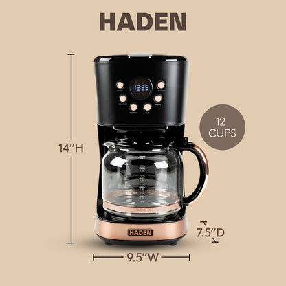 Haden Coffee Machine, 12 Cup Programmable Drip Coffee Maker, Black & Copper