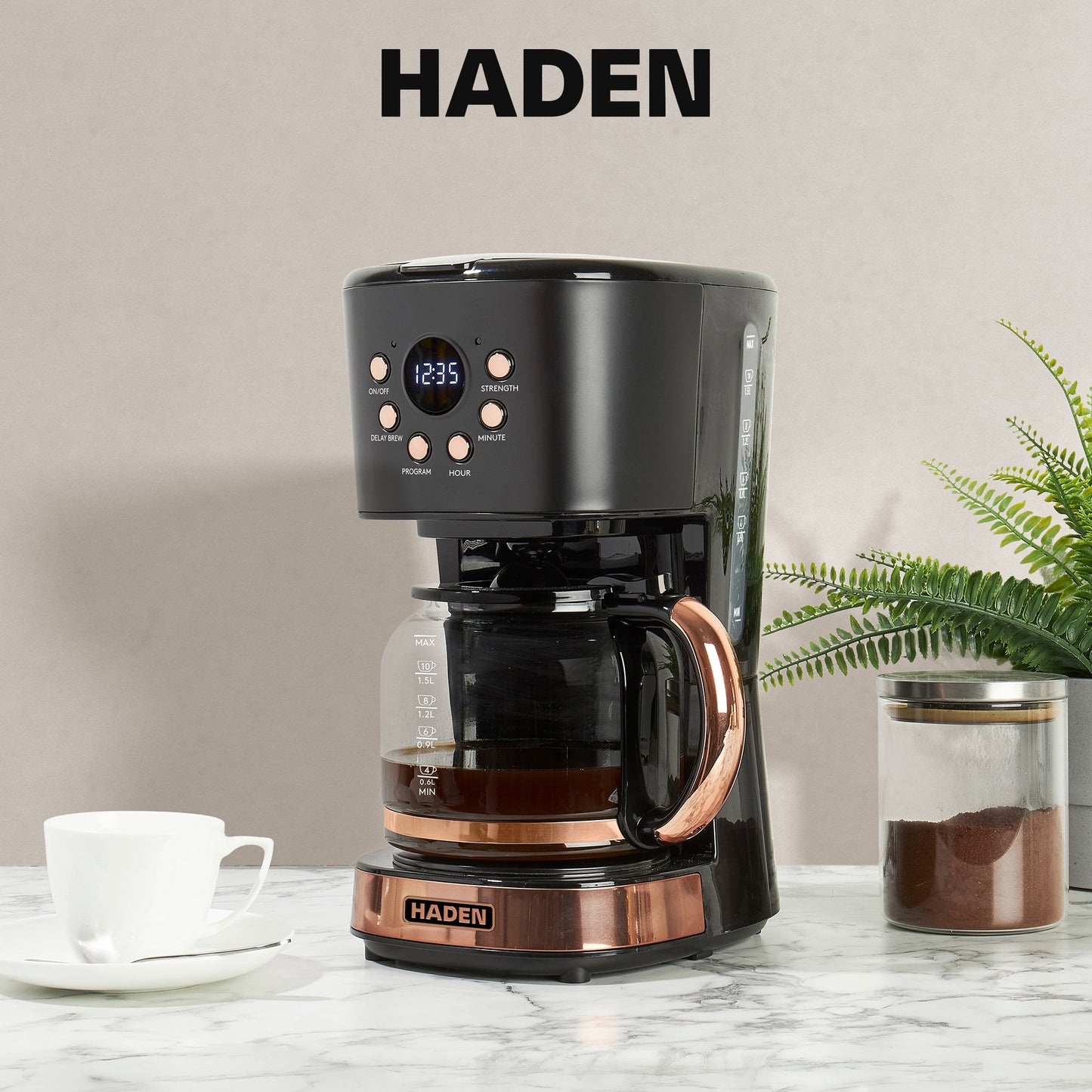 Haden Coffee Machine, 12 Cup Programmable Drip Coffee Maker, Black & Copper