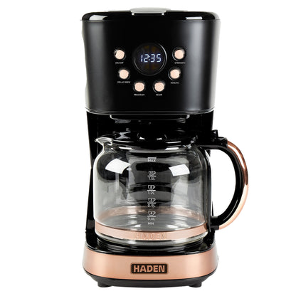 Haden Coffee Machine, 12 Cup Programmable Drip Coffee Maker, Black & Copper