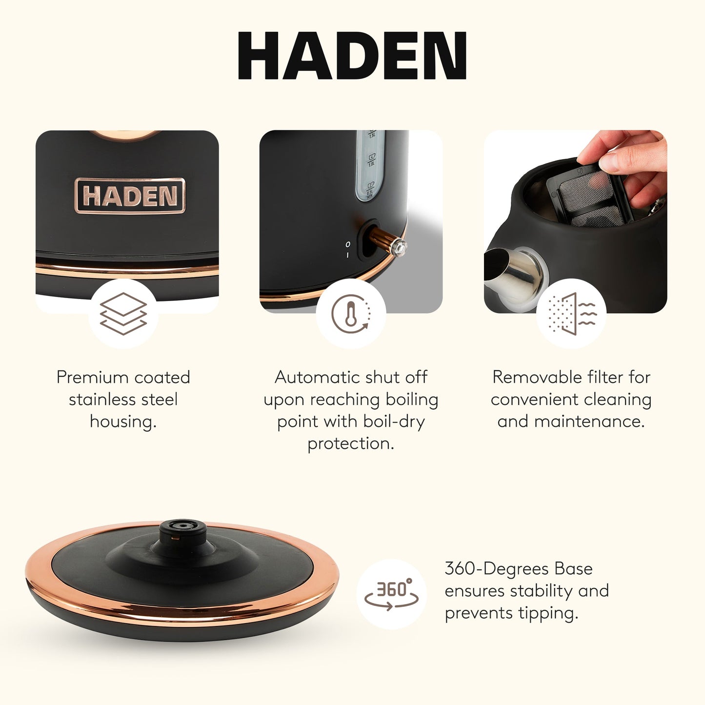 Haden Dorset 1.7 Liter Electric Water Kettle w/ 360-Degree Base, Black & Copper