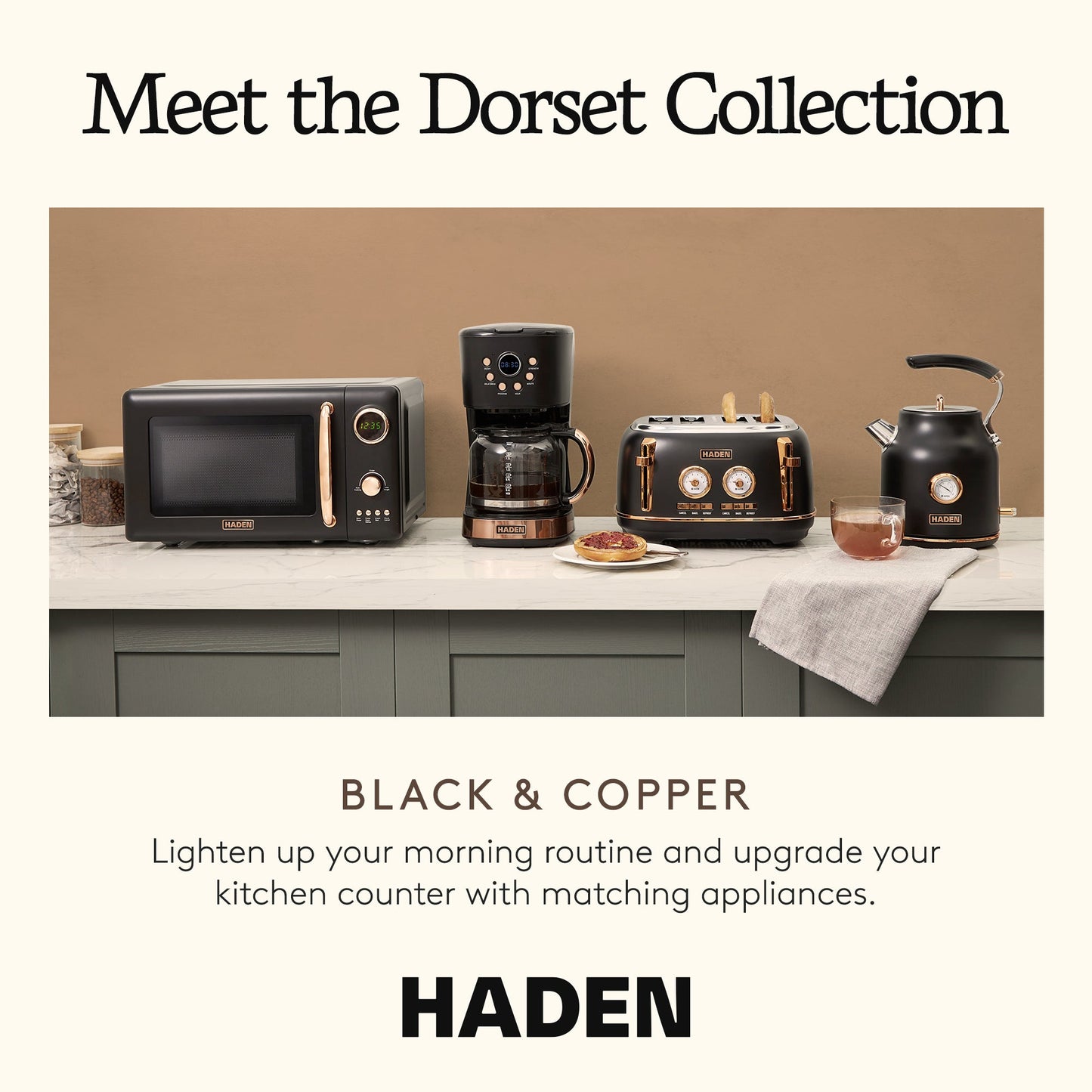 Haden Dorset 2 Slice Wide Slot Stainless Steel Toaster, Black & Copper