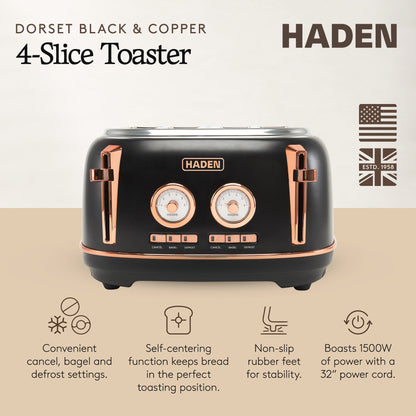 Haden Dorset 4 Slice Wide Slot Stainless Steel Toaster, Black & Copper