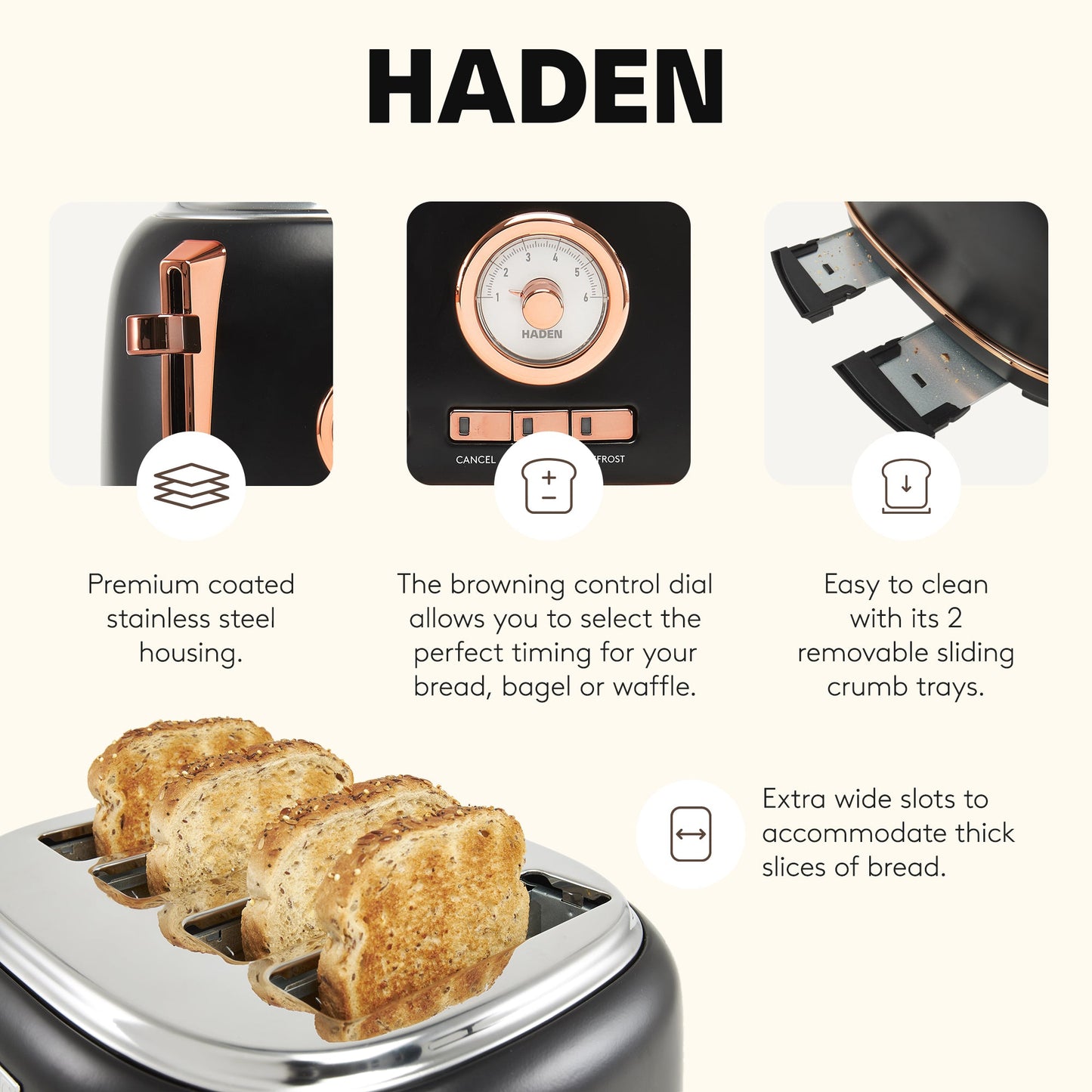 Haden Dorset 4 Slice Wide Slot Stainless Steel Toaster, Black & Copper