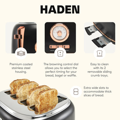Haden Dorset 4 Slice Wide Slot Stainless Steel Toaster, Black & Copper