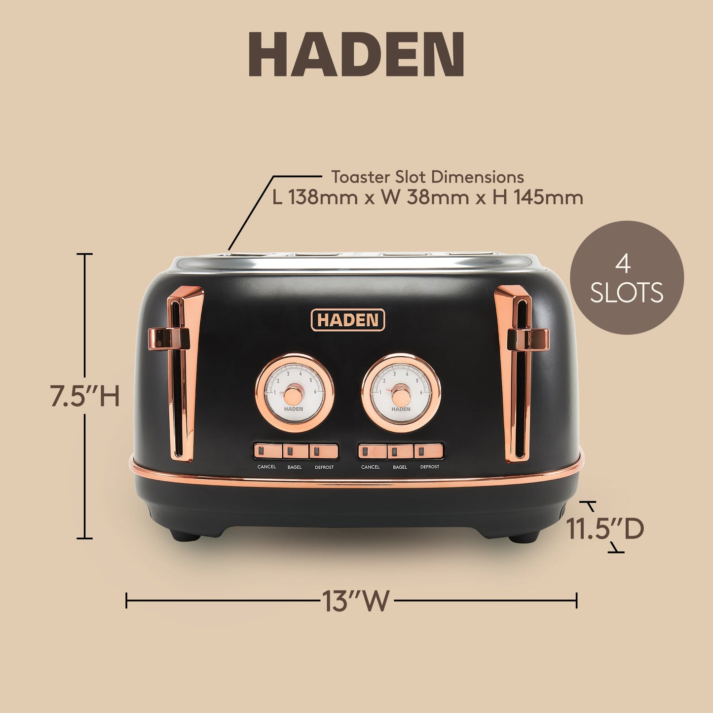 Haden Dorset 4 Slice Wide Slot Stainless Steel Toaster, Black & Copper