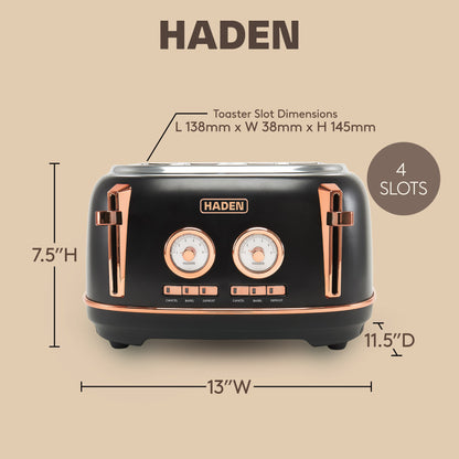 Haden Dorset 4 Slice Wide Slot Stainless Steel Toaster, Black & Copper