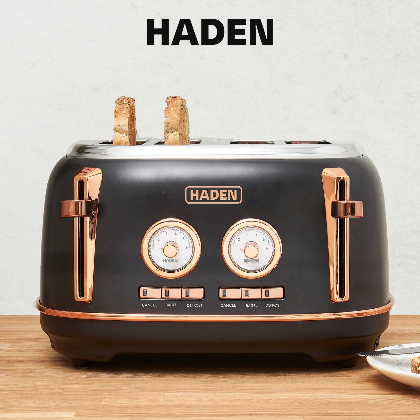 Haden Dorset 4 Slice Wide Slot Stainless Steel Toaster, Black & Copper