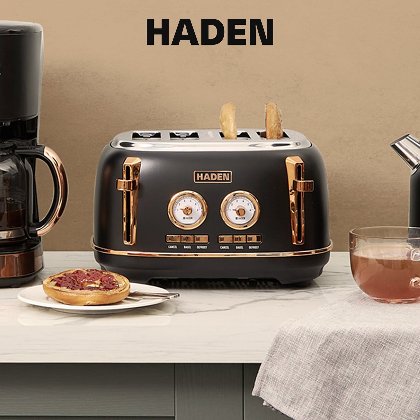 Haden Dorset 4 Slice Wide Slot Stainless Steel Toaster, Black & Copper