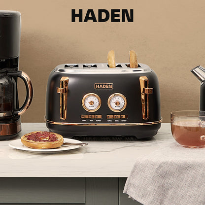 Haden Dorset 4 Slice Wide Slot Stainless Steel Toaster, Black & Copper