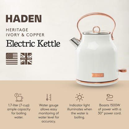 Haden Heritage 1.7 Liter Stainless Steel Electric Water Kettle, Ivory & Copper