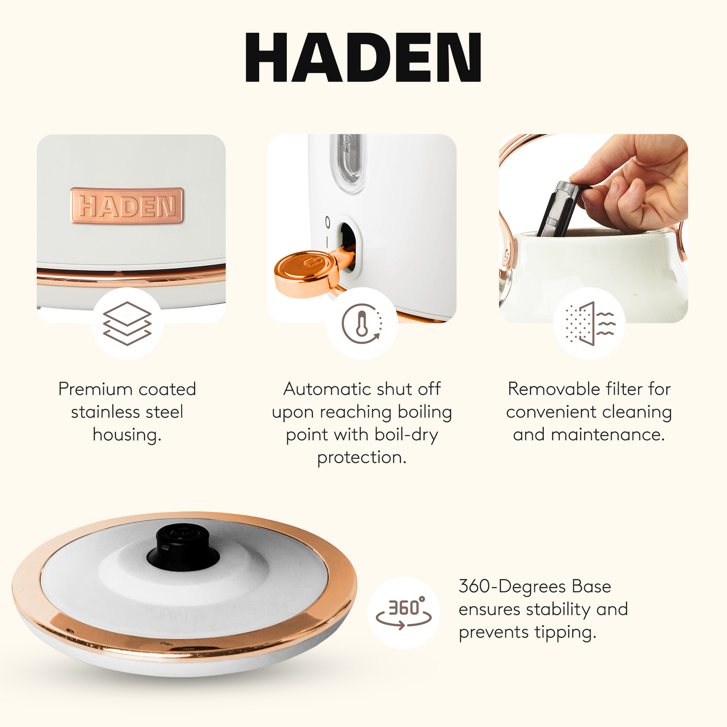 Haden Heritage 1.7 Liter Stainless Steel Electric Water Kettle, Ivory & Copper
