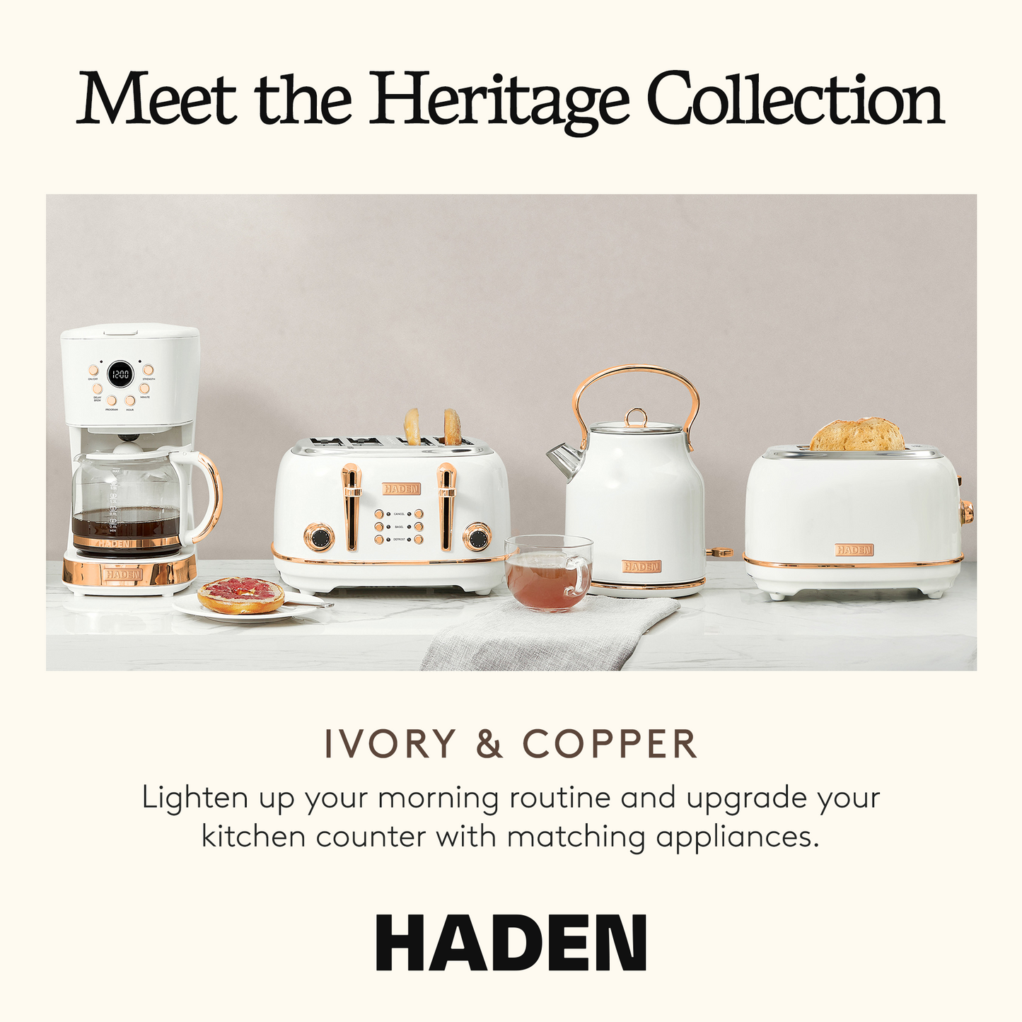 Haden Heritage 1.7 Liter Stainless Steel Electric Water Kettle, Ivory & Copper